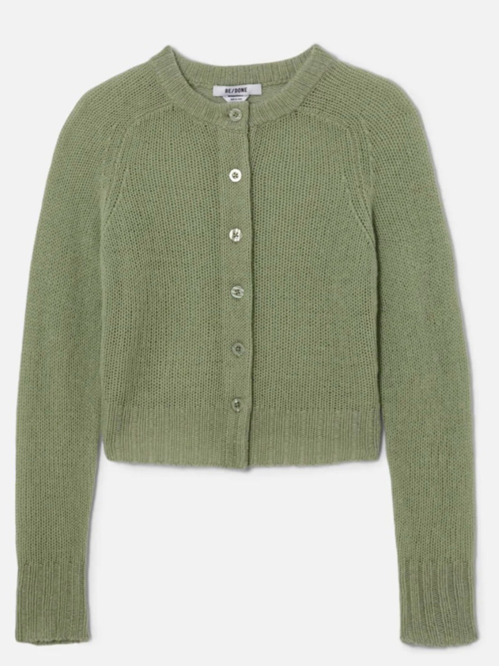 Re/Done Green Cropped  slim fit Button-Front Knit cashmere Cardigan